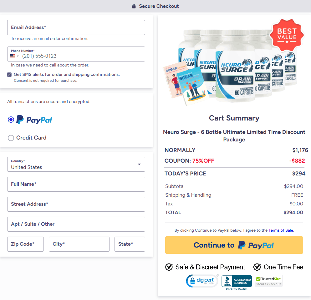 NeuroSurge  Checkout page